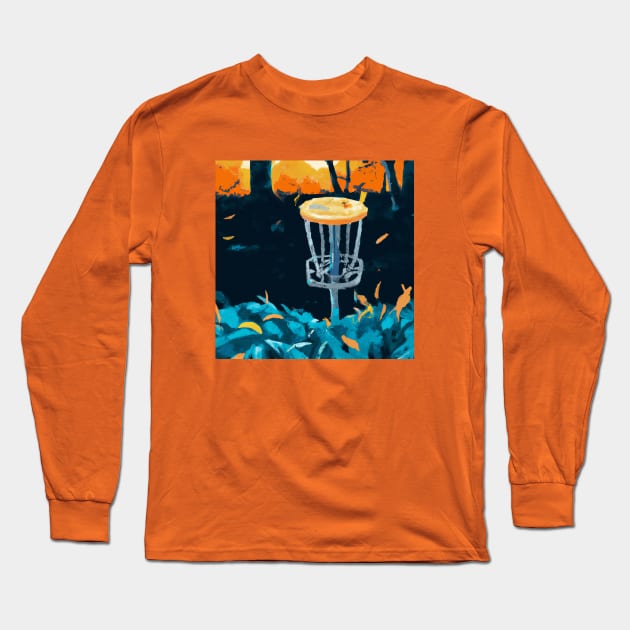 Disc Golf Basket in the Autumn Leaves and Undergrowth Long Sleeve T-Shirt by Star Scrunch